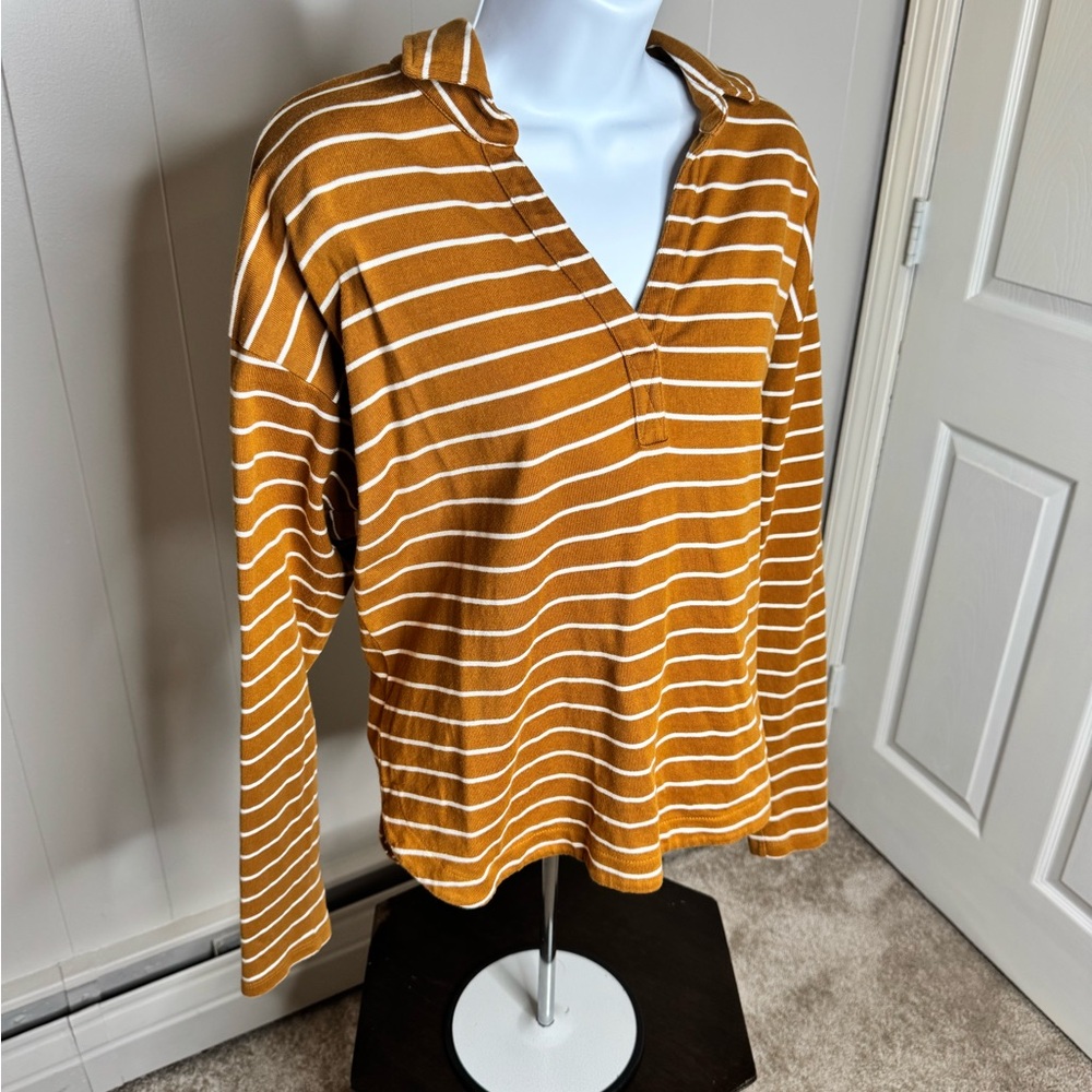 Garnet Hill Mustard and White Striped Long Sleeve Top